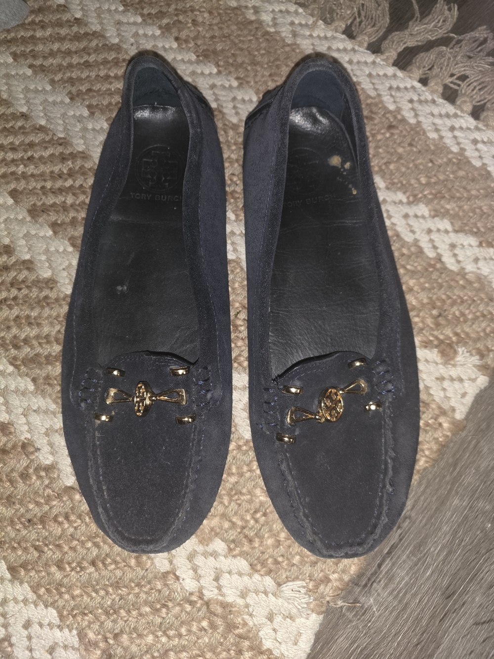 Tory Burch Black Suede Loafers with Gold Bit